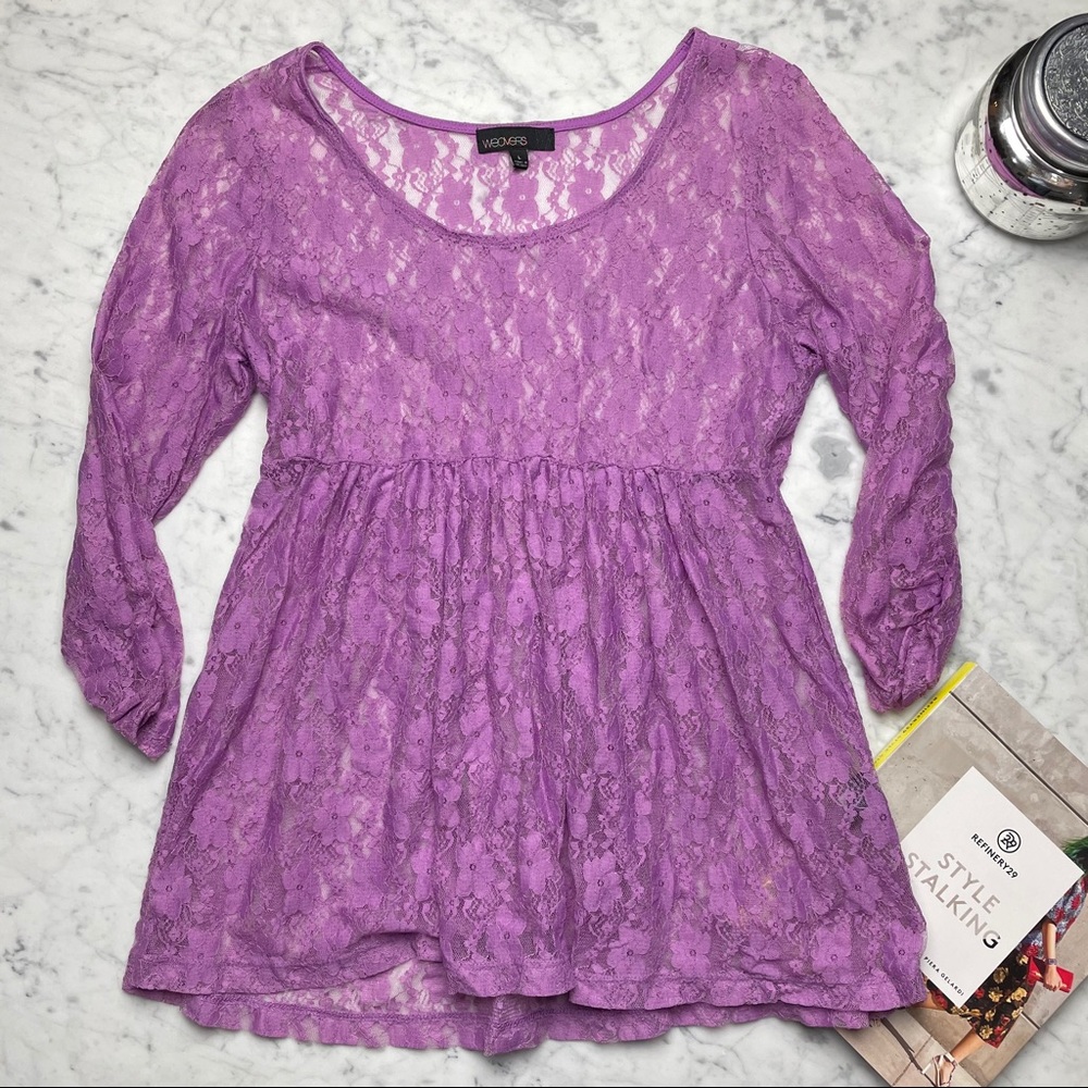 weavers Lilac Purple 3/4 Sleeve Sheer Lace Top
